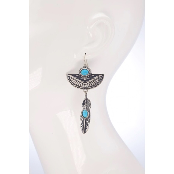 Western Silver Turquoise Navajo Bohemian Feather Dandle Earrings - Picture 3 of 3